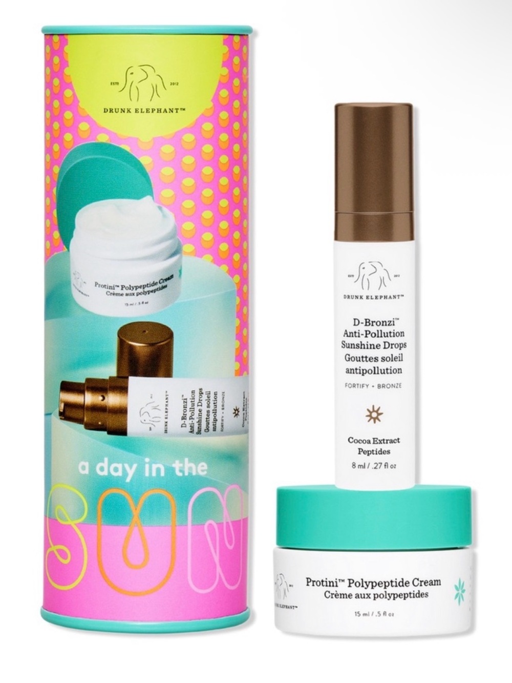 🆕 Drunk Elephant A Day in the Sun Travel Moisturizer Set 🩵🤎
